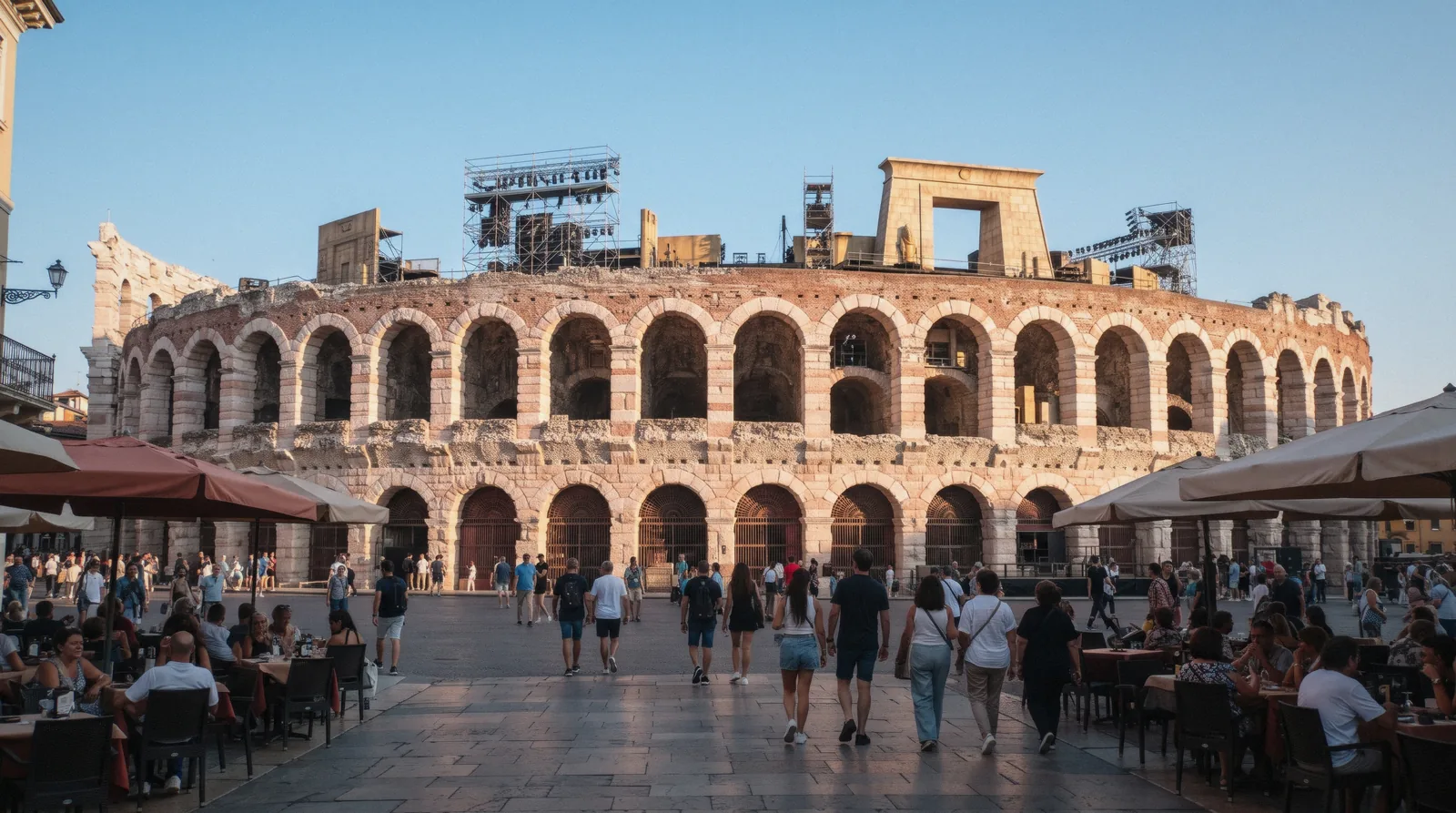 The Roman Arena in Verona from Piazza Bra at 19:30 on a clear summer evening, arena di verona