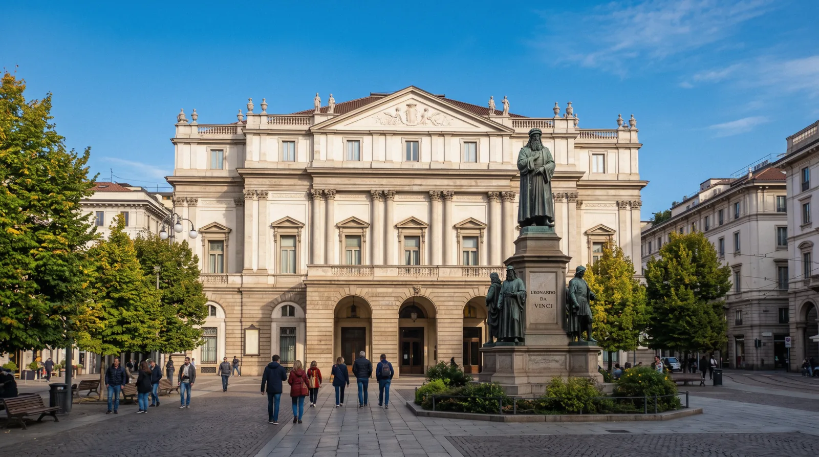 The neoclassical facade of Teatro alla Scala on Piazza della Scala in Milan at 09:00 on a clear autumn morning, la scala