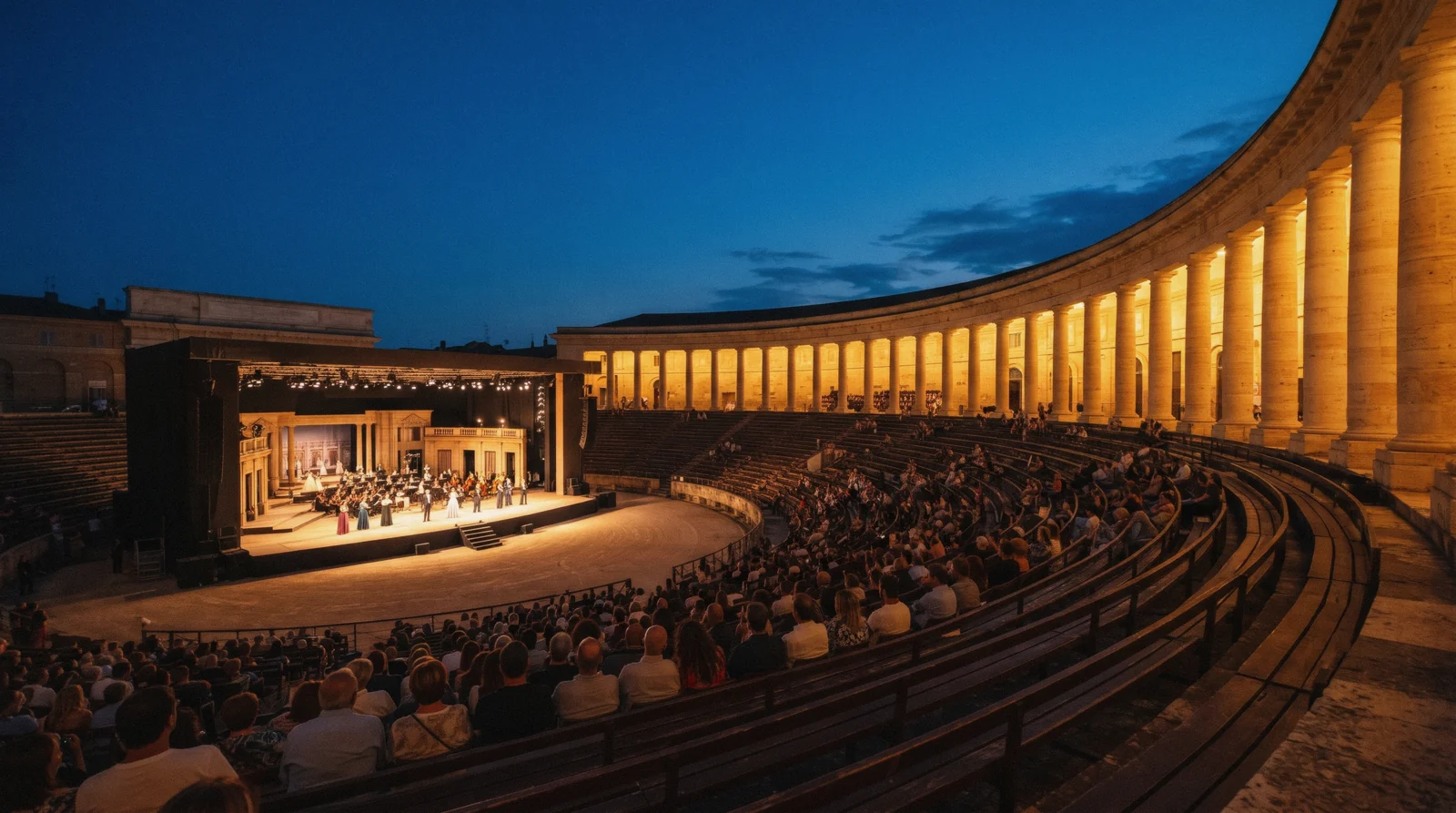 The Sferisterio arena in Macerata at dusk on a summer evening, opera festivals italy