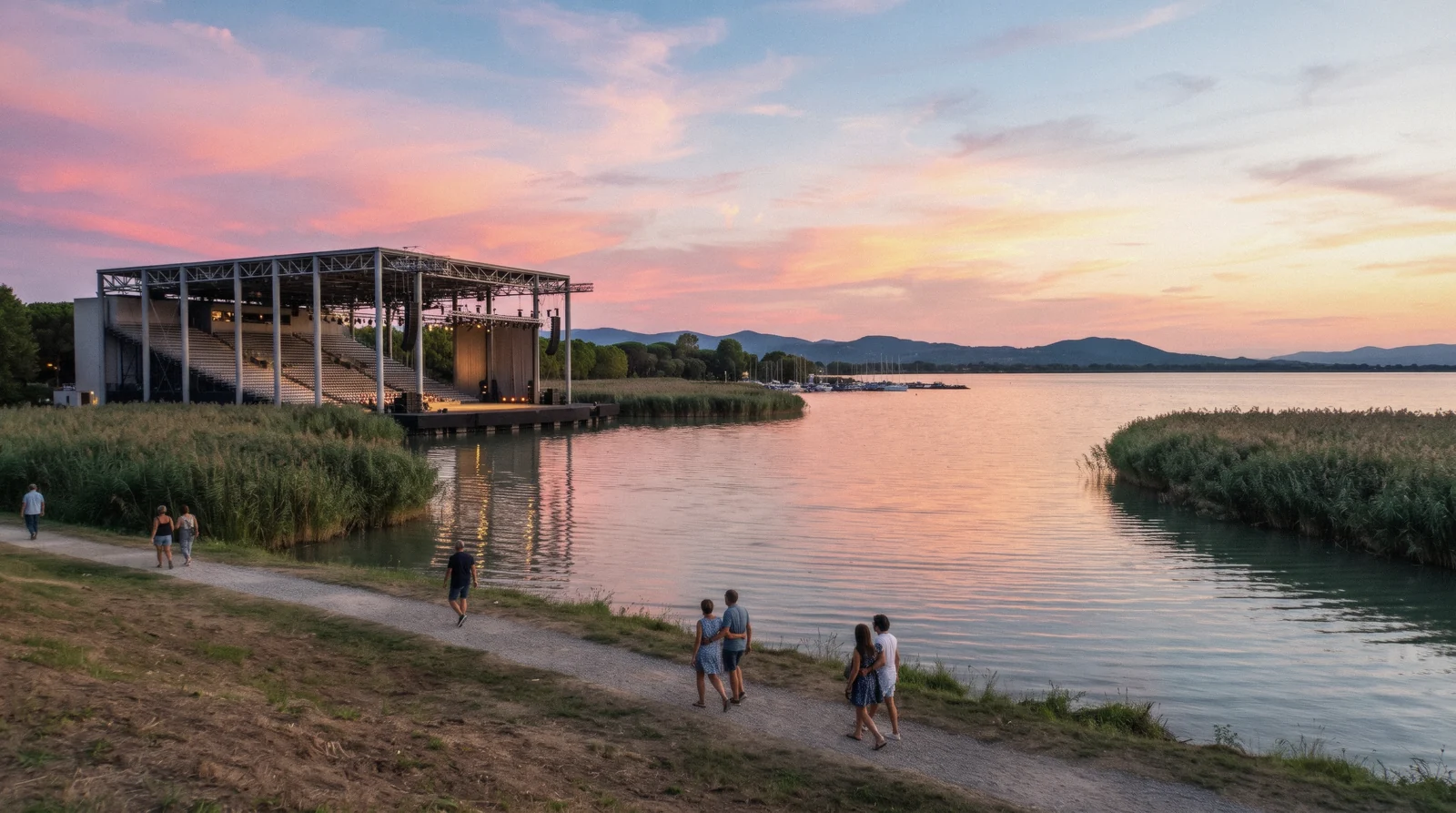 The open-air Puccini Festival theatre on the shore of Lake Massaciuccoli at Torre del Lago at 20:30 on a summer evening, puccini festival