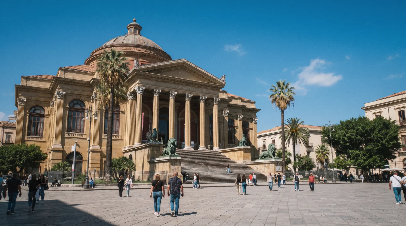 Teatro Massimo in Palermo seen from Piazza Verdi at 10:00 on a bright clear day, teatro massimo