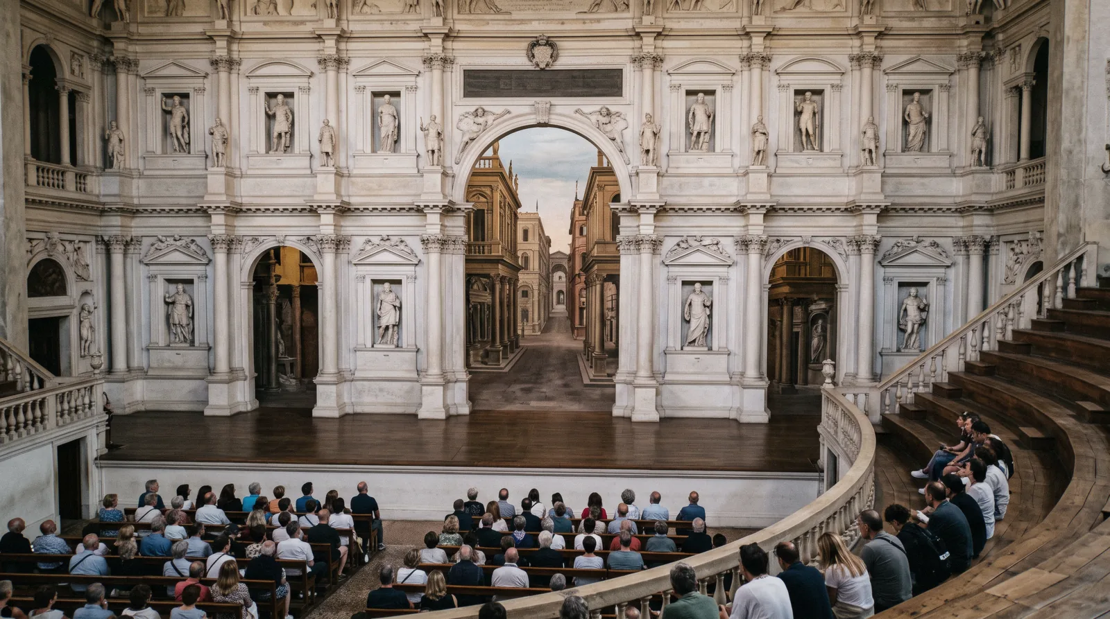 The wooden stage of the Teatro Olimpico in Vicenza by Palladio, teatro olimpico vicenza