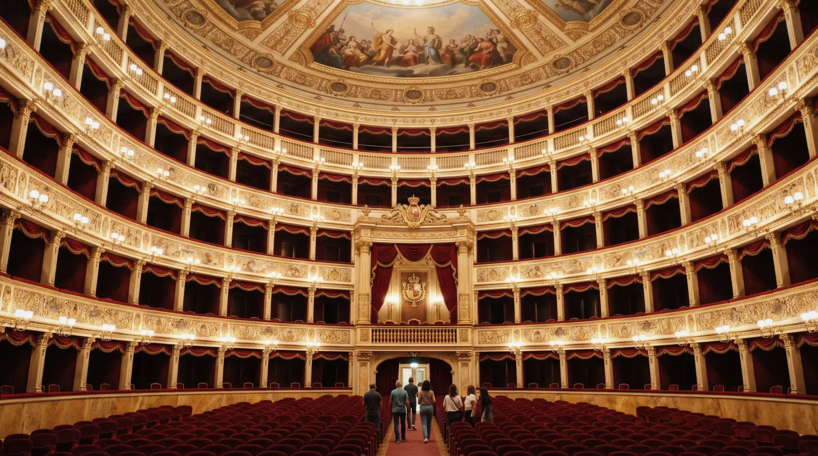 The red and gold auditorium of Teatro di San Carlo in Naples seen from the stalls towards the royal box, teatro san carlo