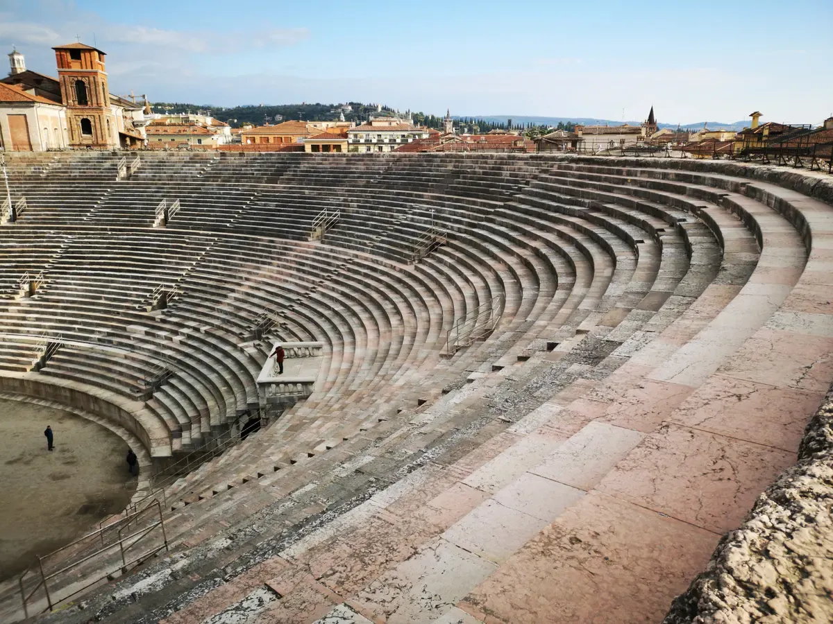 Stage props from Aida waiting on Piazza Bra outside the Arena, Arena di Verona, opera houses in Italy