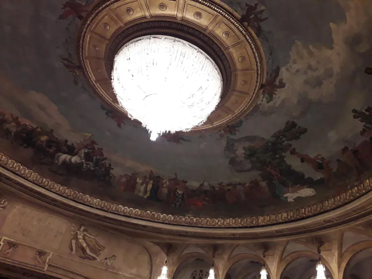 The frescoed ceiling and chandelier of the Rome opera house, Teatro dell'Opera di Roma, opera houses in Italy