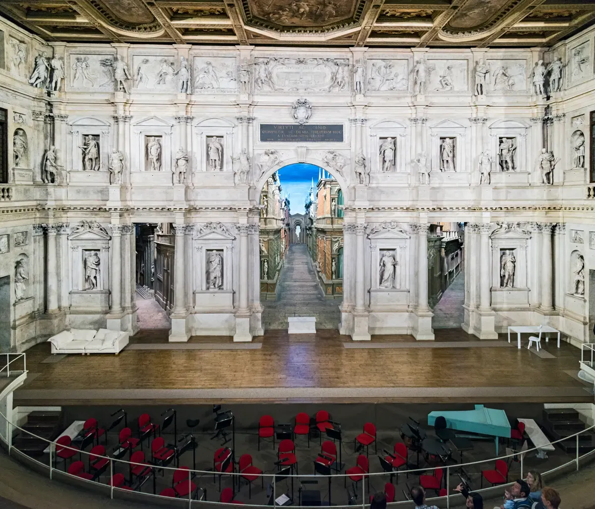 Palladio's stage front in the Teatro Olimpico, with the streets of Thebes behind the arches, Teatro Olimpico Vicenza, opera houses in Italy
